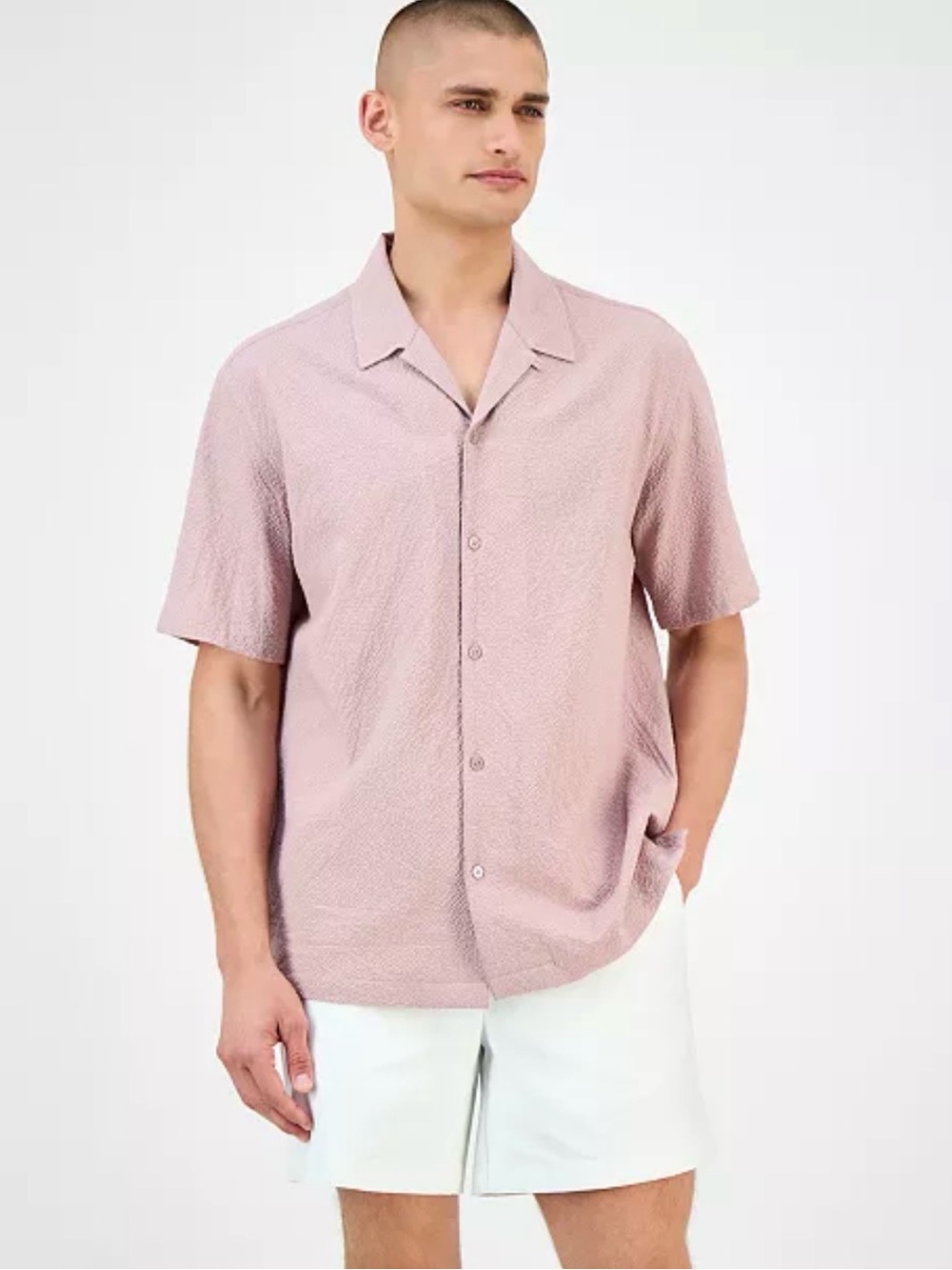 NWT Alfani Mens XXL Ginger Beige Puckered Camp Shirt Stretch